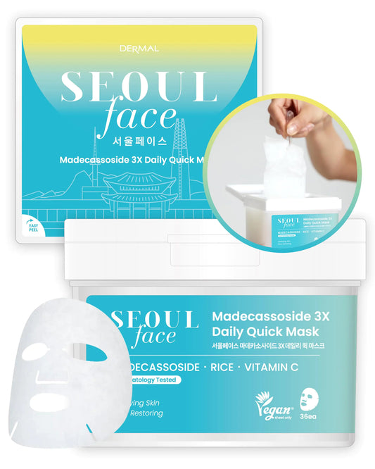 DERMAL Seoul Face Madecassoside 3X Daily Quick Mask 36 Sheet – Korean Skincare Vengan Tencel Facial Masks - Improving Dark Spots Soften Skin Mask Sheets with Rice Vitamin C Panthenol
