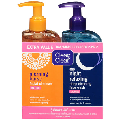 Clean & Clear 2-Pack Day and Night Face Cleanser Citrus Morning Burst Facial Cleanser with Vitamin C and Cucumber Relaxing Night Facial Cleanser with Sea Minerals Oil No & Hypoallergenic Face Wash